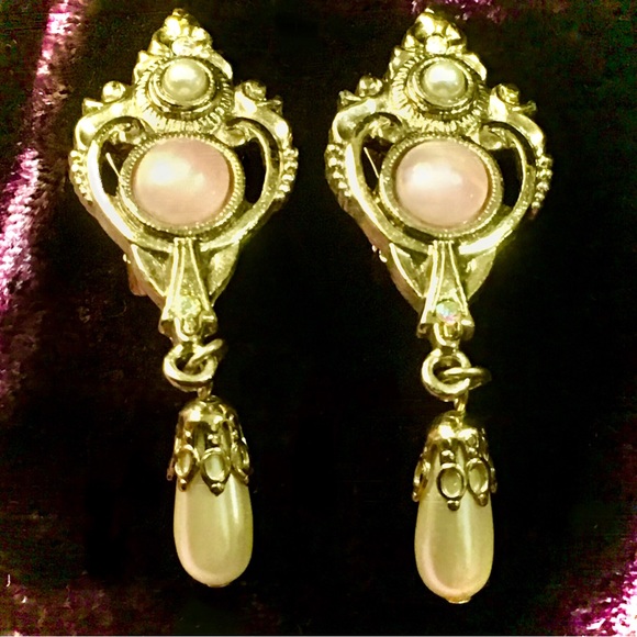 VINTAGE DROP PEARL & AGATE RHINESTONE GOLD-TONE CLIP EARRINGS & BROOCH GORGEOUS! - Picture 6 of 10